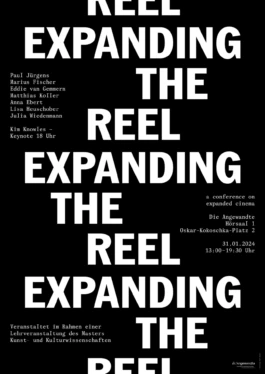 Black poster with the title “Expanding the Reel” repeated in white condensed type