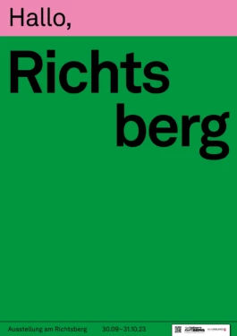 Green poster with a pink band and large black type “Hallo, Richtsberg”